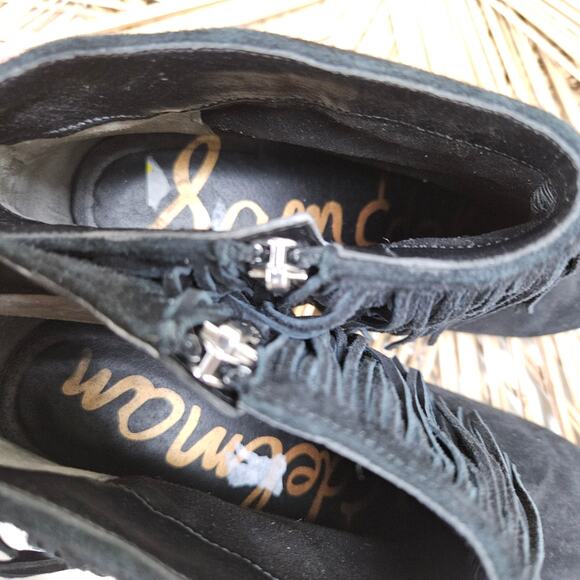 Sam Edelman Kandice Suede Fringe Ankle Bootie Pumps 7.5 Black Boots Heels - Picture 9 of 11